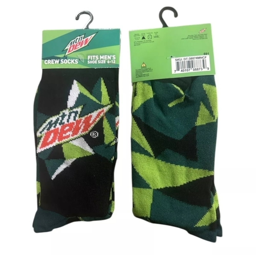 4/$25 Mountain Dew Soda Novelty Crew Socks Unisex Gender Neutral New